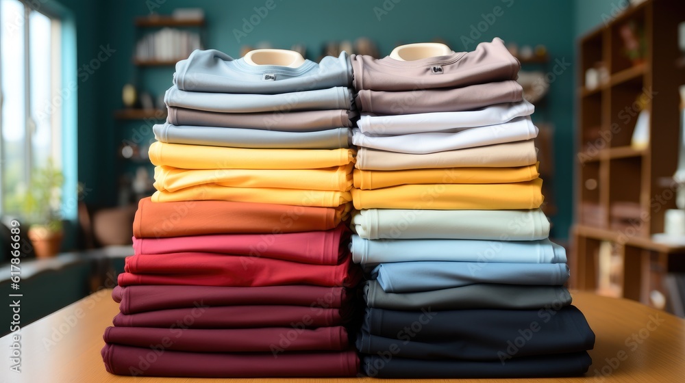 Pile of t shirts with with a clean background.