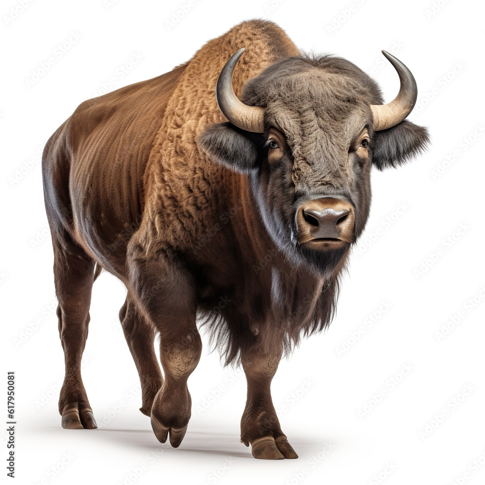 Big buffalo bison realistic photo generative AI illustration isolated on white background. Wild anim