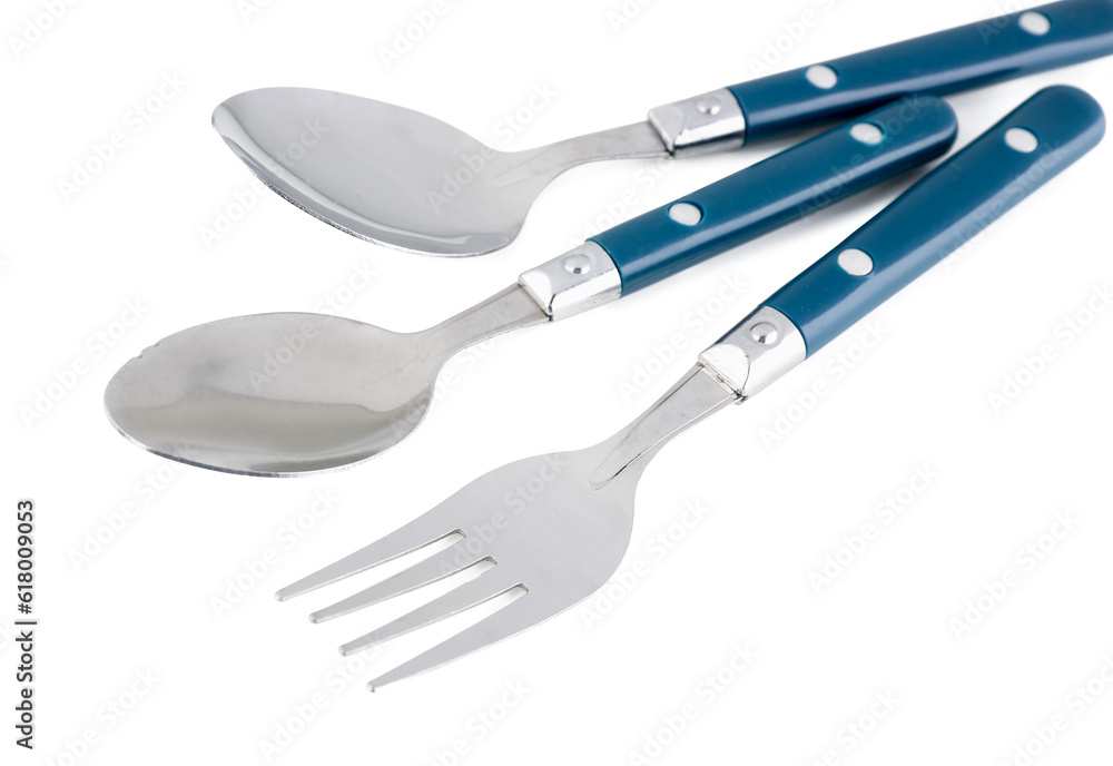 Stainless steel fork and spoons with blue handles on white background