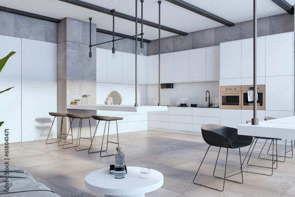 Modern loft tile kitchen interior. 3D Rendering.