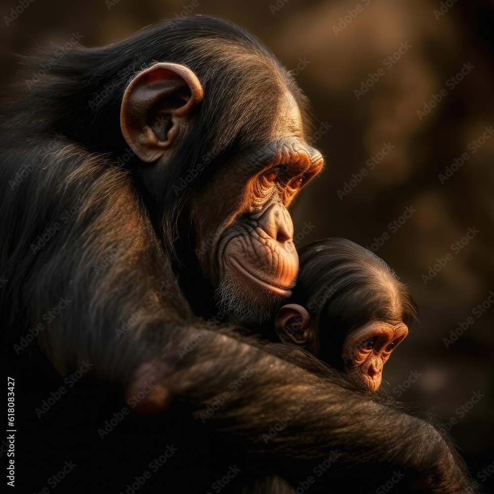 Chimpanzee mother with her little baby. Generative AI