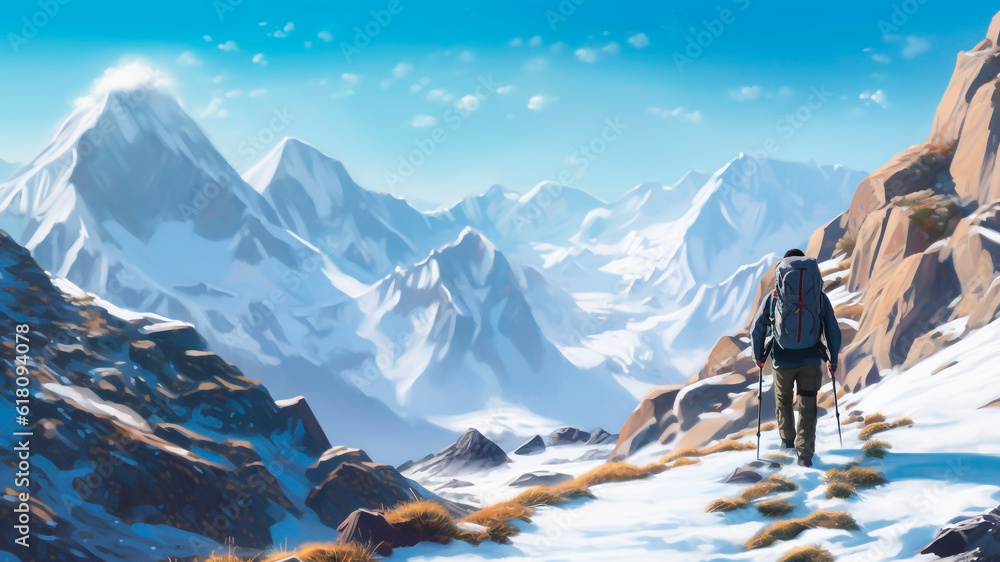 Hiker with a backpack on the background of snowy mountains.