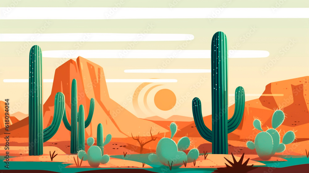 Desert landscape with cactuses and mountains.