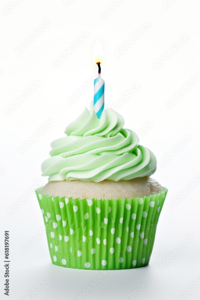 Green Birthday Cupcake. Illustration AI Generative.