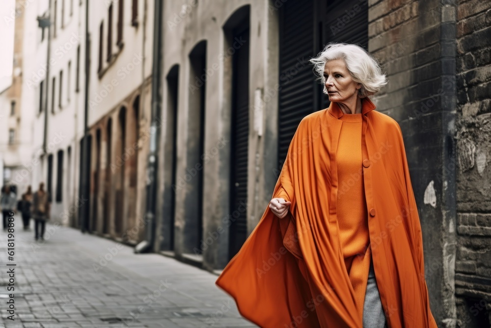 Fashion older woman walked.  Illustration AI Generative