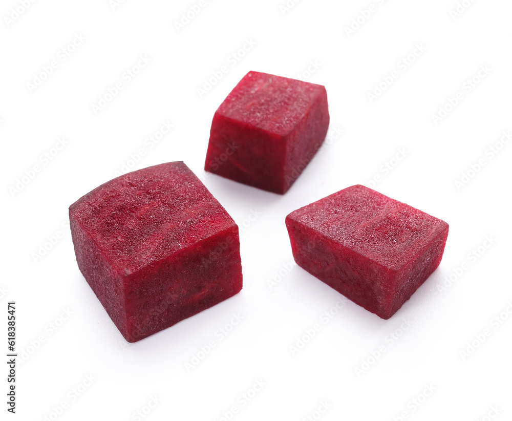 Pieces of fresh beet on white background