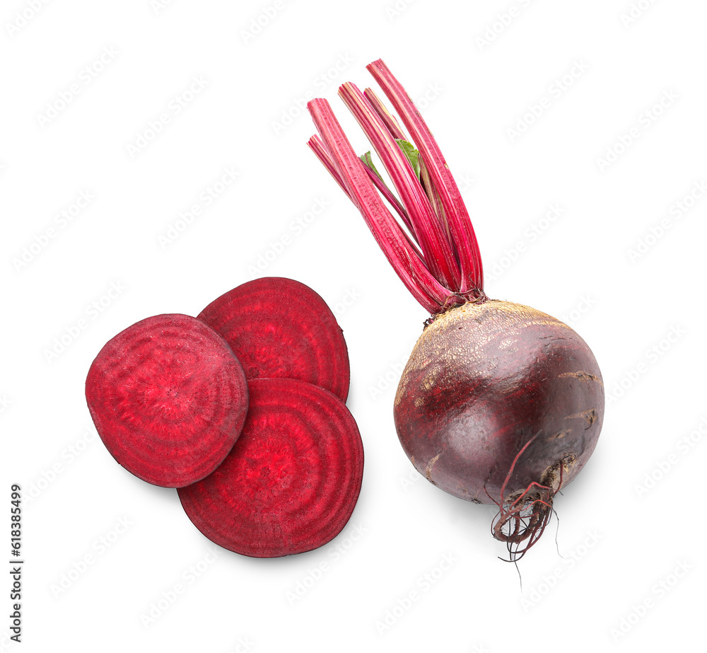 Fresh beet and cut slices on white background