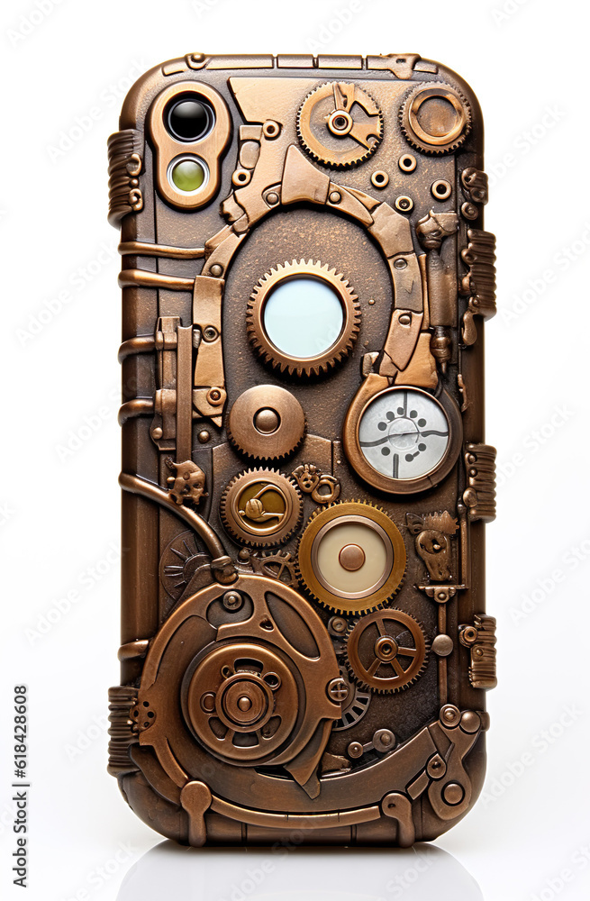 Mobile phone cell cellular phones in steampunk style symbolic isolated on white background. Concept 