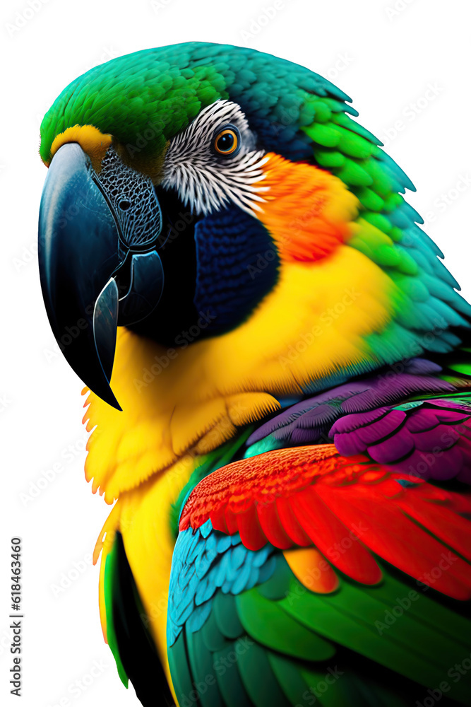 Beautiful colorful portrait of a parrot Macaw close-up isolated on a transparent background. AI gene