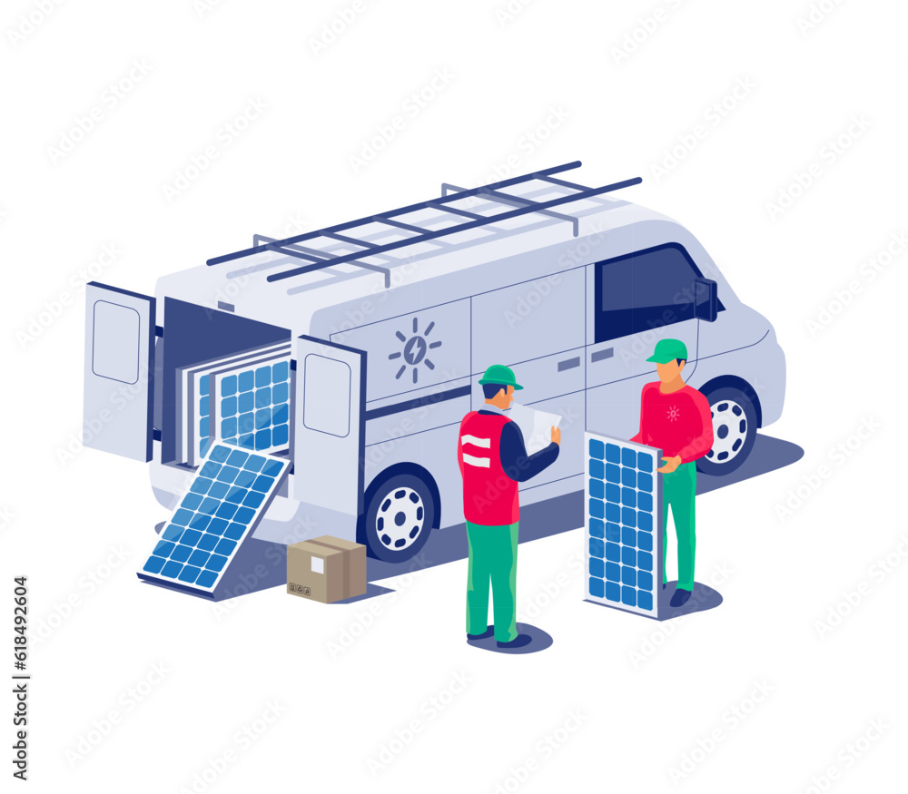 Solar panels installation service. Construction technician workers with van vehicle car installing t