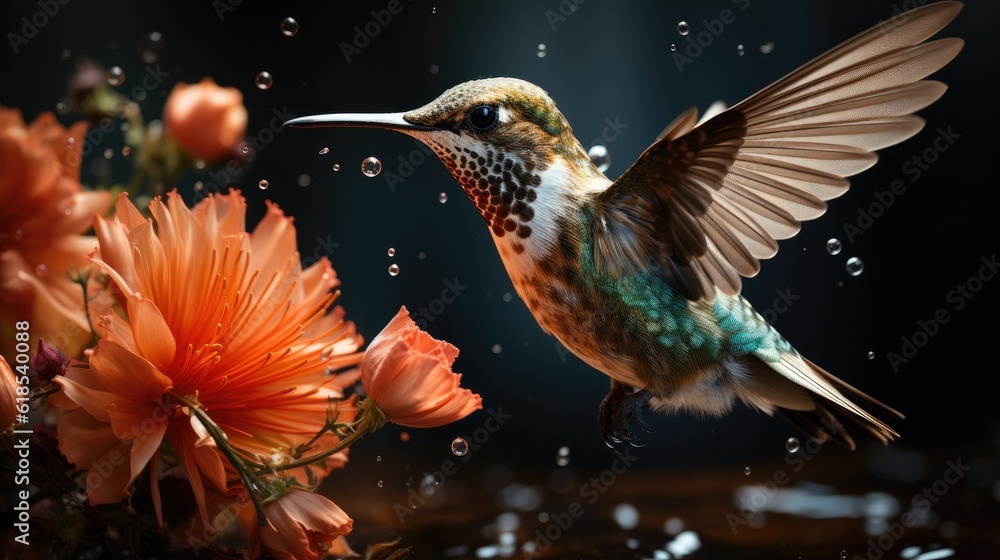 A hummingbird getting food from the flower, Wildlife scene from nature.