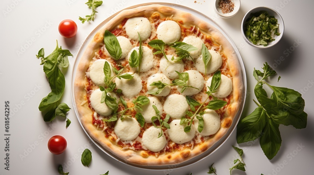 Top View of Italian Mozzarella Pizza And Basil Leaves Nearby On Table.