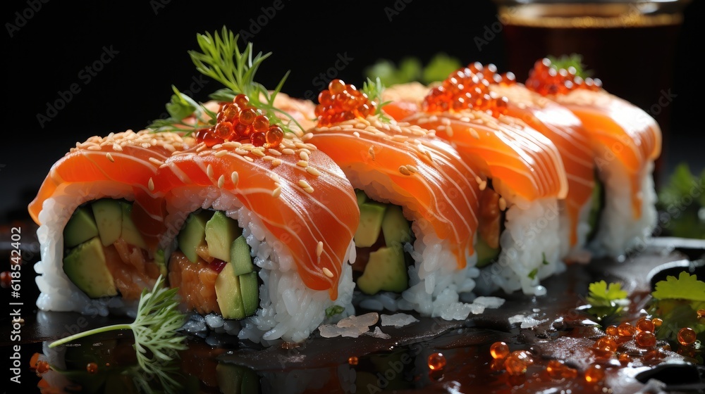 Japanese Sushi roll with salmon and cucumber on dark background, Asian dish pieces with salmon.