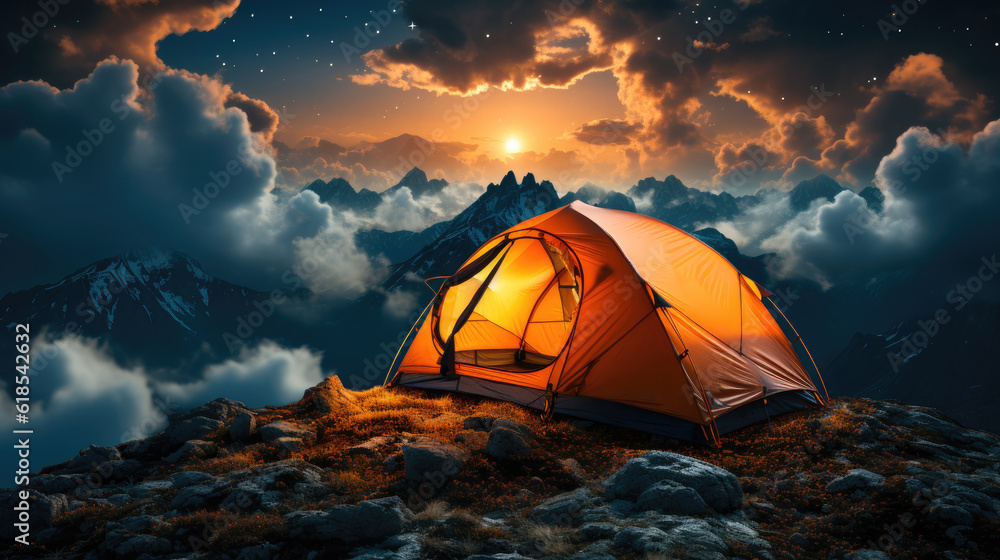 The travelers orange tent on high mountain and sea of mist, Summer night landscape.