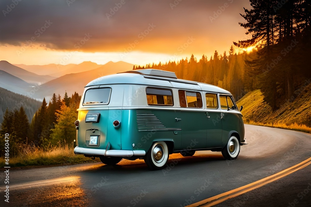 Vintage camper van towards mountains AI Generative