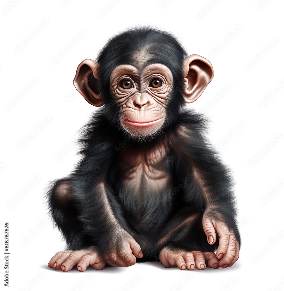 Funny ape chimp baby chimpanzee sitting generative AI illustration. Lovely animal babies concept