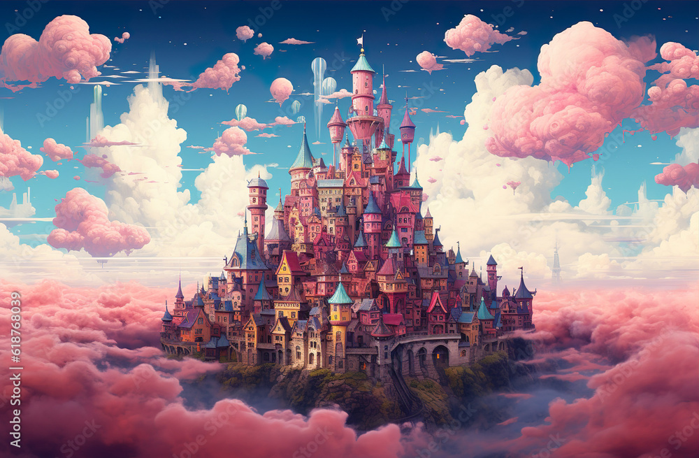 Strange colorful fantastic town mythical city with colorful houses generative AI illustration. Fairy