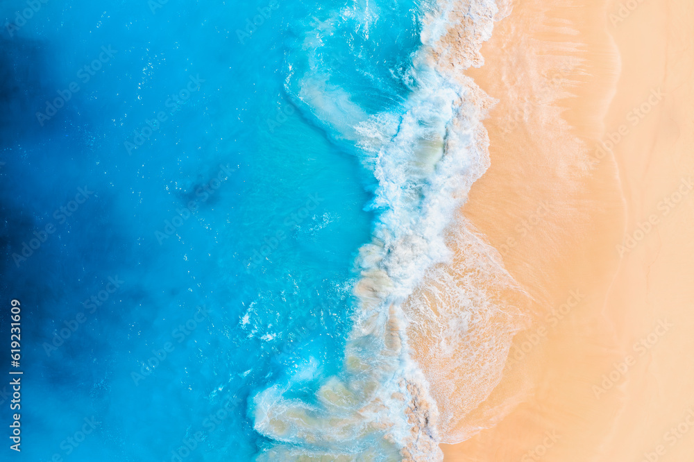 Coast as a background from top view.  Waves and beach. Aerial landscape. Azure water background from