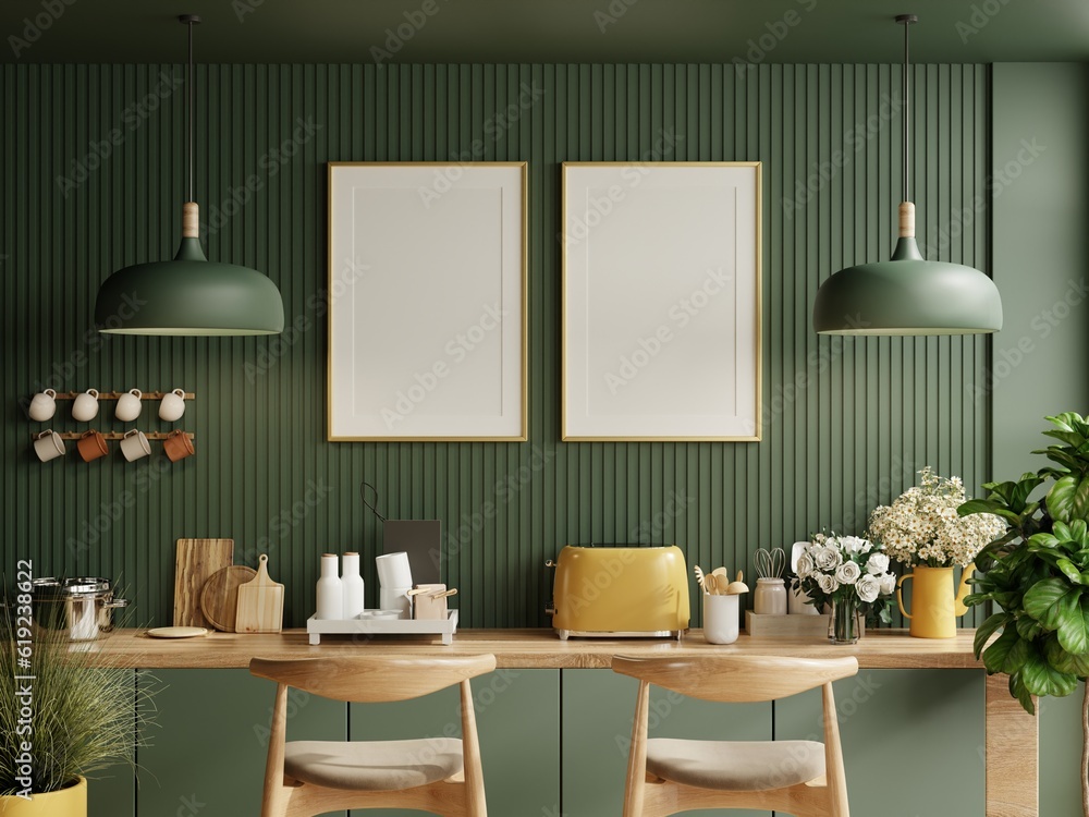Mock up poster frame in kitchen interior and accessories with dark green wooden slatted wall backgro