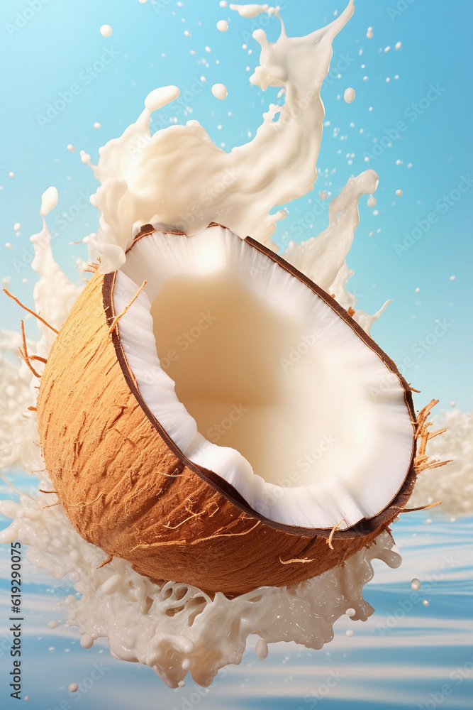 the coconut has a liquid splash coming out, in the style of kitsch aesthetic, vray, captures the ess