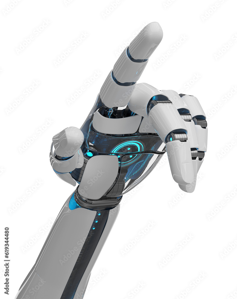 Isolated robot hand pointing finger. 3D rendering white and blue cyborg arm. Humanoid fingers cut ou