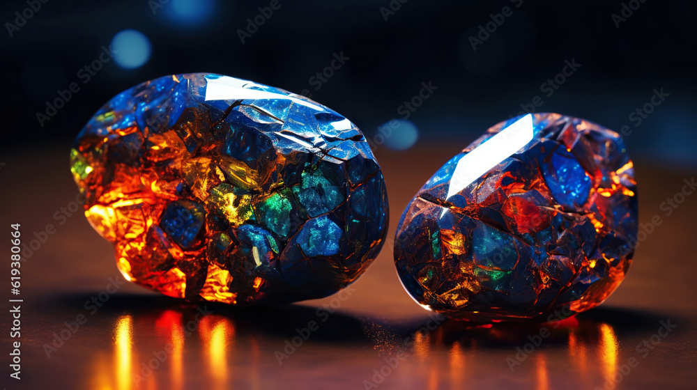 Amazing bright and shiny Lightning Ridge Black Opal crystal cluster background. Jewel mineral macro.