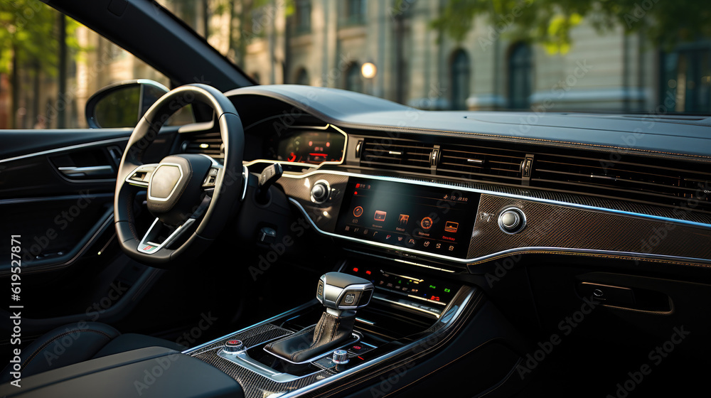 Luxury modern car Interior, Steering wheel, shift lever and dashboard, Detail of modern car interior