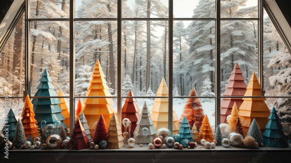 Colourful Christmas trees on the window, Decorated Christmas tree with gifts, Festive interior.