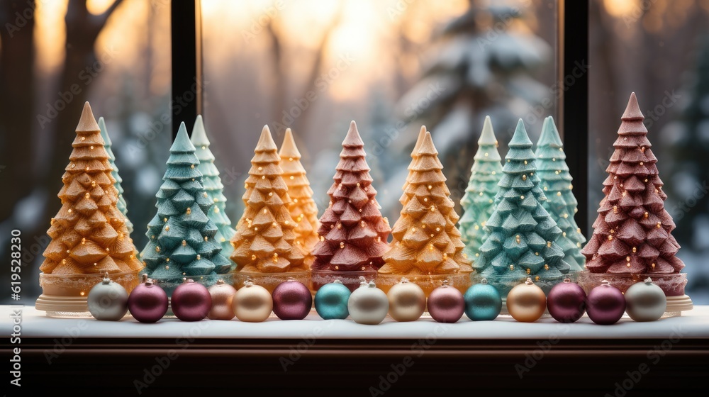 Colourful Christmas trees on the window, Decorated Christmas tree with gifts, Festive interior.