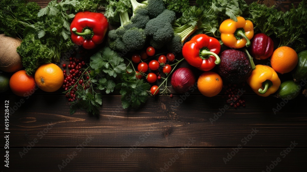 Healthy food, Fresh green vegetables and fruits, Different vegetables on a wooden desk