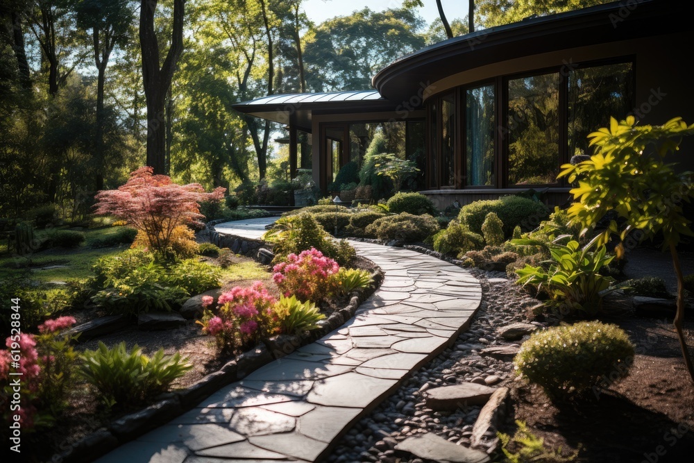 Stone walkway winding in garden at modern home, Design home garden landscaping.