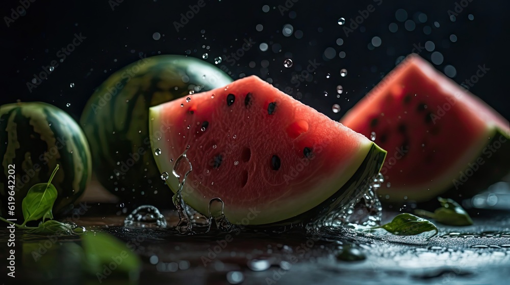 Watermelon hit by splashes of water with black blur background
