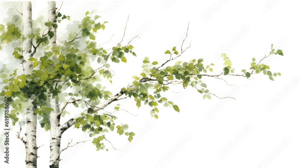 A slender birch tree watercolor illustration - Generative AI.