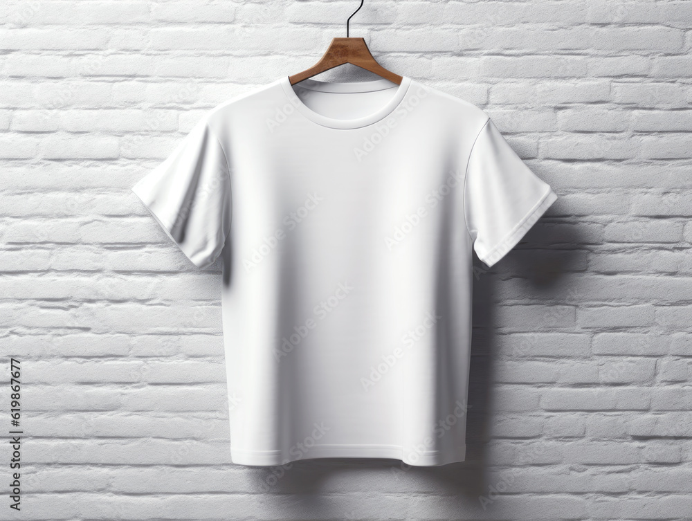 White blank t-shirt hanging on a coat hanger against a light brick wall background, mockup. Generati