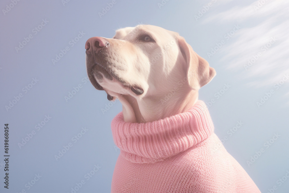 Generated ai portrait of yellow labrador retriver dog wear soft knitted woolen sweater under summer 