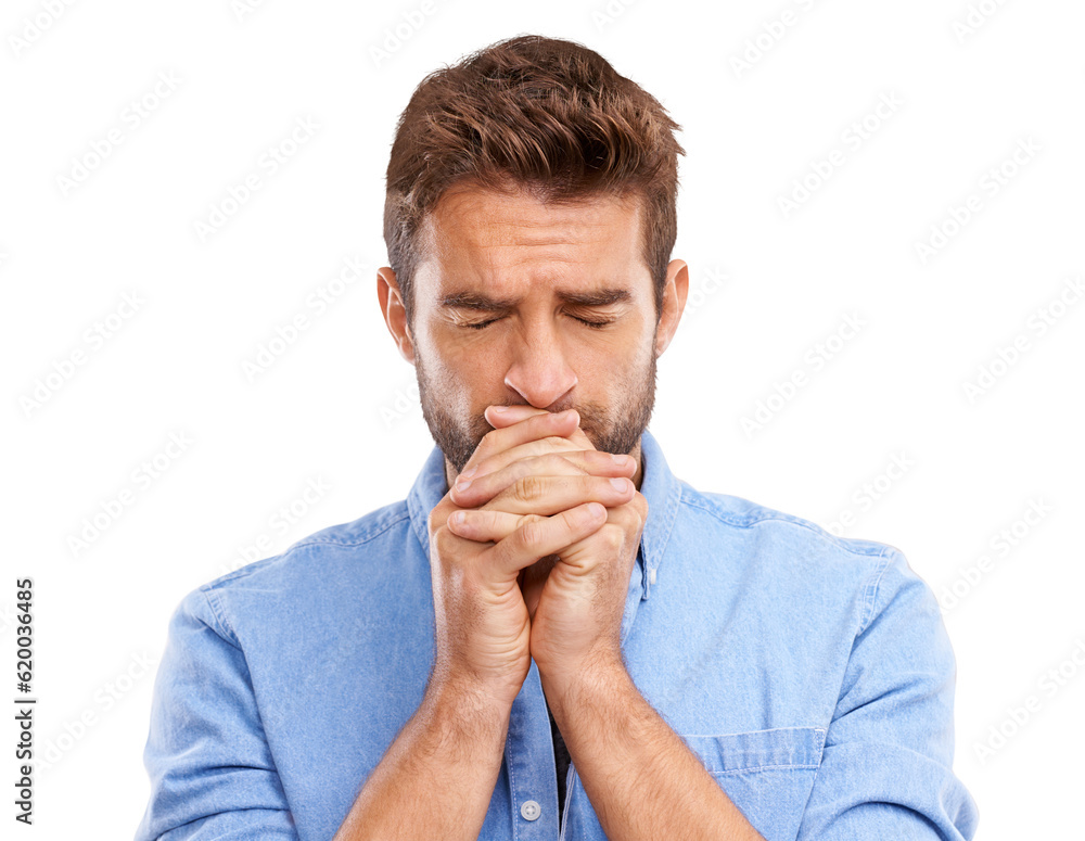 Worried, anxiety and man with fear or scared with stress expression isolated in a transparent or png