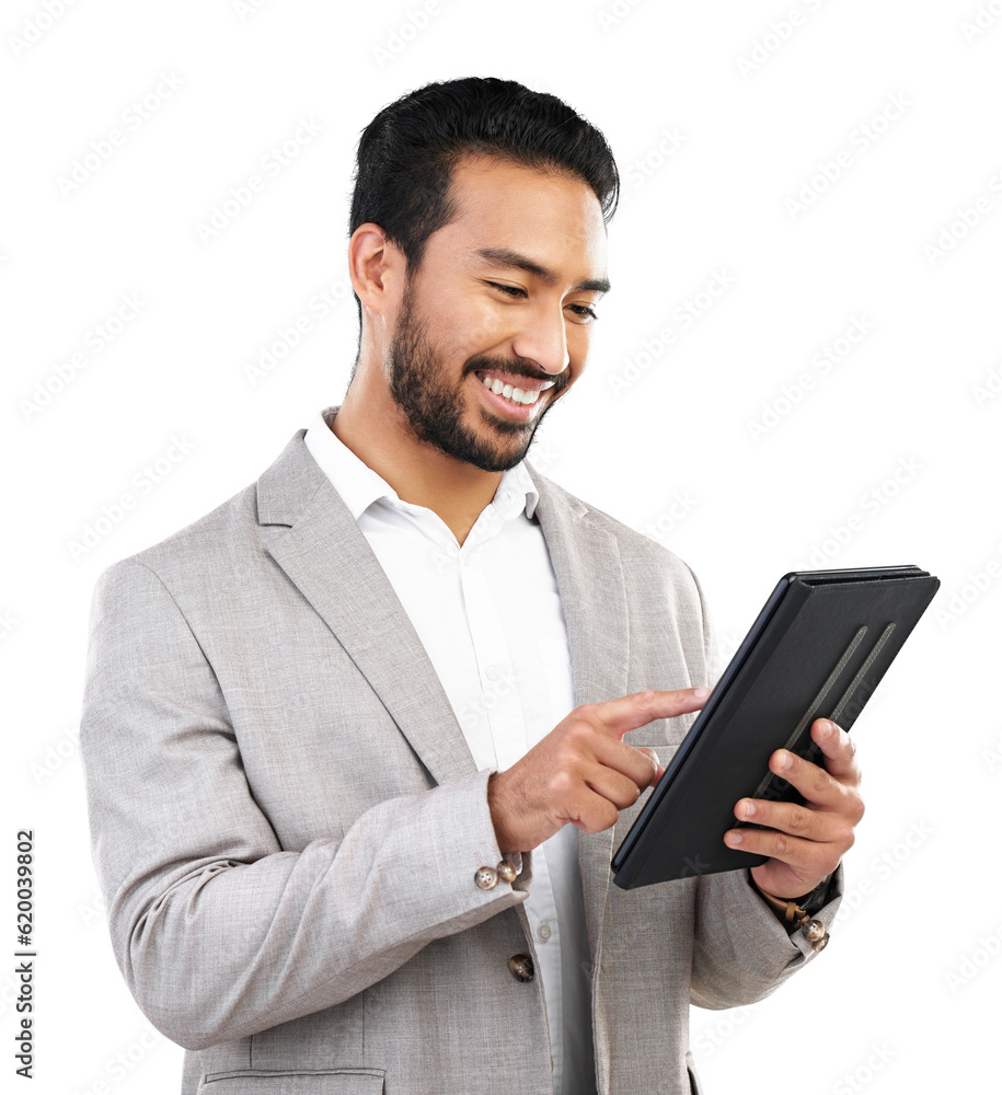 News, social media or happy businessman with tablet for email communication or online research on we