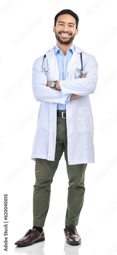 Medical, professional and portrait of doctor happy for healthcare and isolated in transparent or png