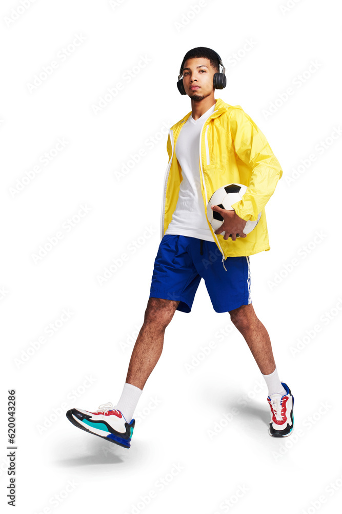 Isolated man, soccer ball and headphones in portrait, walk and music by transparent png background. 