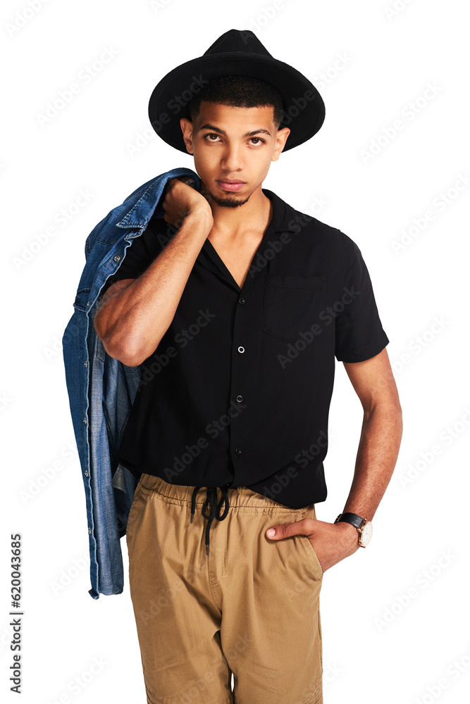 Fashion, portrait and serious man with hat isolated on a transparent png background. Confidence, han