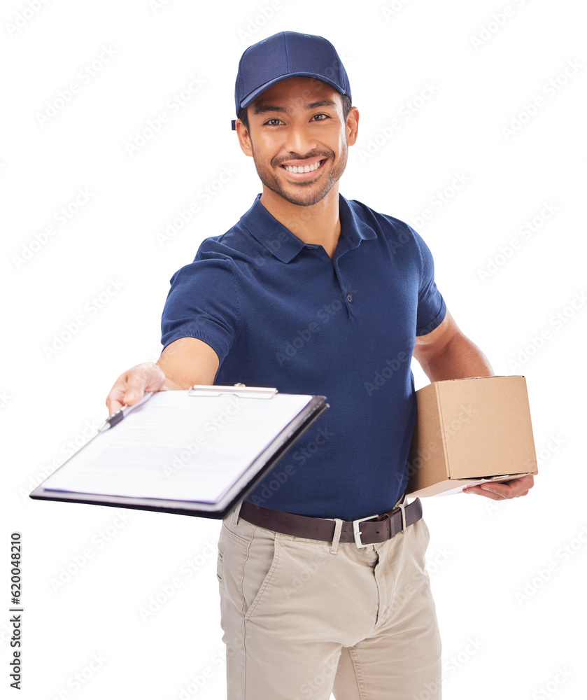 Delivery man, shipping box and clipboard, sign and e commerce with smile in portrait on png transpar