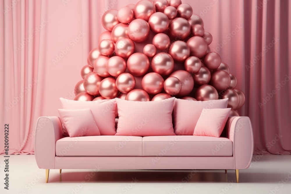 Pink sofa with Christmas bauble decoration, Happy holidays, Beautiful Christmas interior, Christmas 