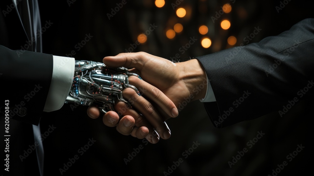 Close up hand of AI modern robot shake hand with human, Successful cooperation concept, The interact