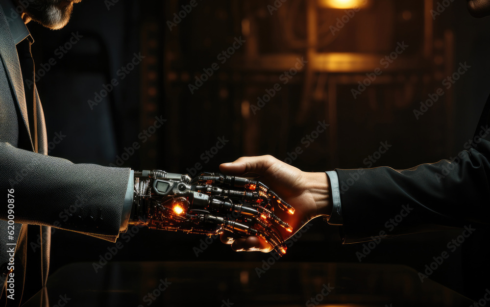 Close up hand of AI modern robot shake hand with human, Successful cooperation concept, The interact