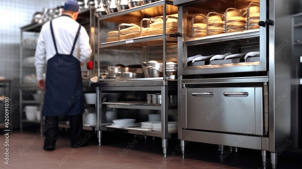 Professional bakery kitchen and stainless steel convection, bread bun in deck oven, kneading machine