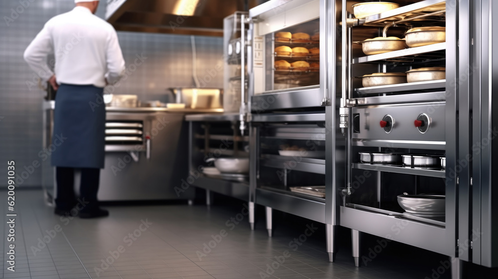 Professional bakery kitchen and stainless steel convection, bread bun in deck oven, kneading machine