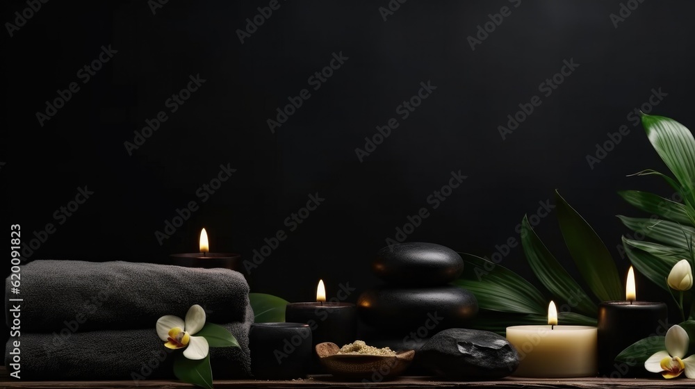 Scented candles and accessories for spa treatments on a dark background, Zen stones.