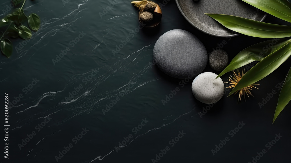 Spa background with spa accessories on a dark background, Zen stones., Spa Wellness Relax concept.