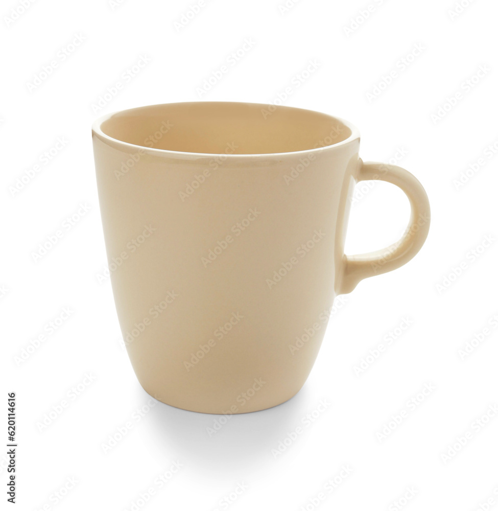 Beige cup on white background