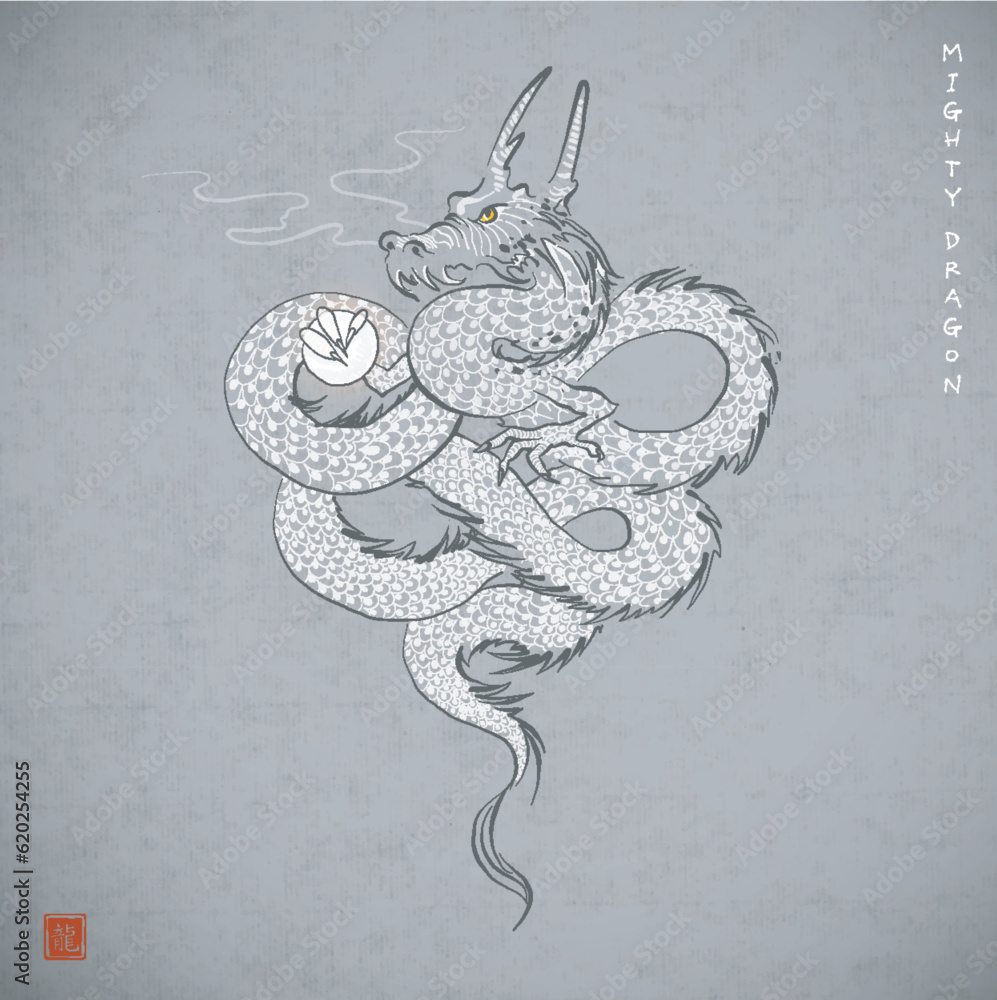Dragon holding a magic pearl on grey background. Translation of hieroglyph - eternity. Symbol of the